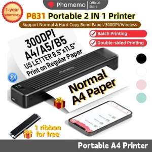 【2-in-1 Support Normal &Hard Copy Bond Paper】Phomemo P831 Portable A4 Printer 300dpi Printer for and