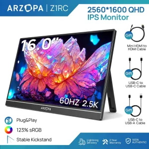 ARZOPA Z1RC, 16" 2.5K Portable Monitor, 2560x1600 HDR Kickstand Mornitor, 350nits 8bit QHD USB-C HDMI Laptop