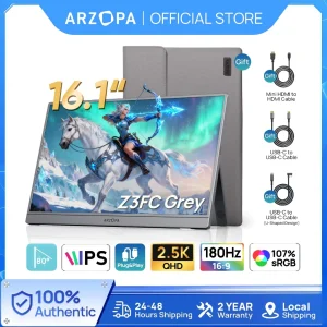 ARZOPA 16.1'' 180Hz Portable Monitor-Z3FC Gray, 107% sRGB 2.5K Kickstand Portable Monitor with HDR, Ultra