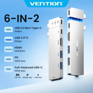 Vention 6-in-2 USB-C Hub MacBook Pro Air Adapter 8K Type C Video Output 4K HDMI 140W PD Thunderbolt 3 Docking
