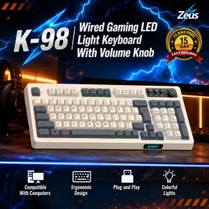Zeus K-98 Wired Gaming Keyboard With Volume Knob RGB LED Light Ergonomic Design For PC Laptop