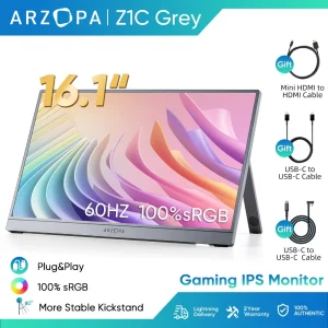 Arzopa Z1C Grey- 16.1" 100% sRGB Kickstand Portable Monitor, 1080P FHD with USB C HDMI Monitor Extension