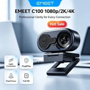 EMEET Webcam Full HD with Microphone 4k/2K/1080P 30FPS 800W Pixels Light Correction Fixed Focus Privacy Cover