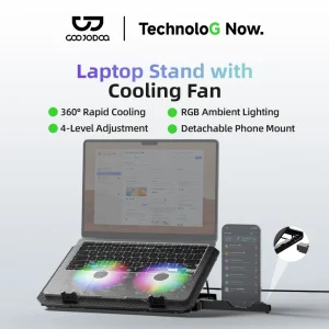 GOOJODOQ Dual Fan Laptop Cooling Stand 360° Fast Cooling RGB Lighting 4 Adjustable with USB Ports