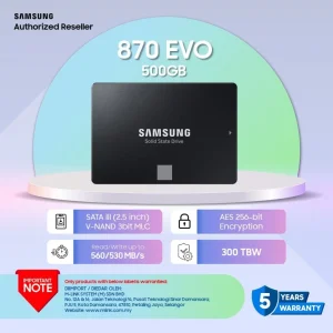Samsung 870 EVO SATA SSD 250GB / 500GB / 1TB / 2TB / 4TB Seq.Read Speeds Up to 560MB/s, Best for Reliable