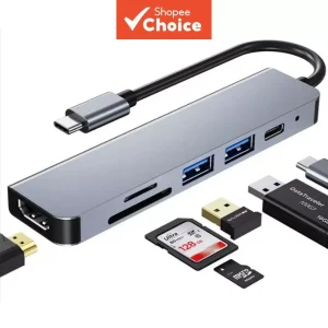 USB-C Port HUB HDMI Adapter Type-C HDTV 4K TF SD Card Reader 6-in-1