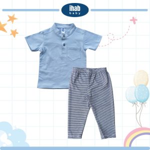 Cotton Short Sleeve Shirt & Pants Set (0-24 months) - 0-6 months, Blue Grey