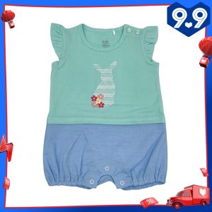 Cotton Short Sleeve Romper - Pink (0-24 months) - 18-24m, Green Rabbit