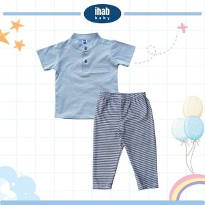 Cotton Short Sleeve Shirt & Pants Set (0-24 months) - 0-6 months, Lt Blue Grey